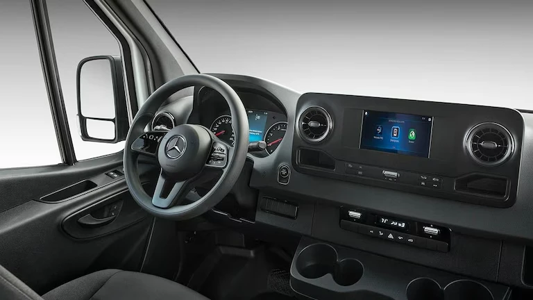 Steering wheel and console of a Mercedes-Benz Sprinter Van